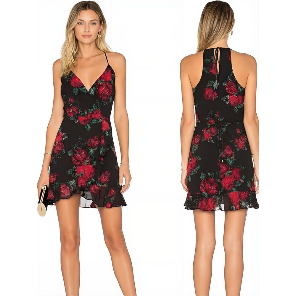 Lovers + Friends Black Mini Dress with Red Rose Print